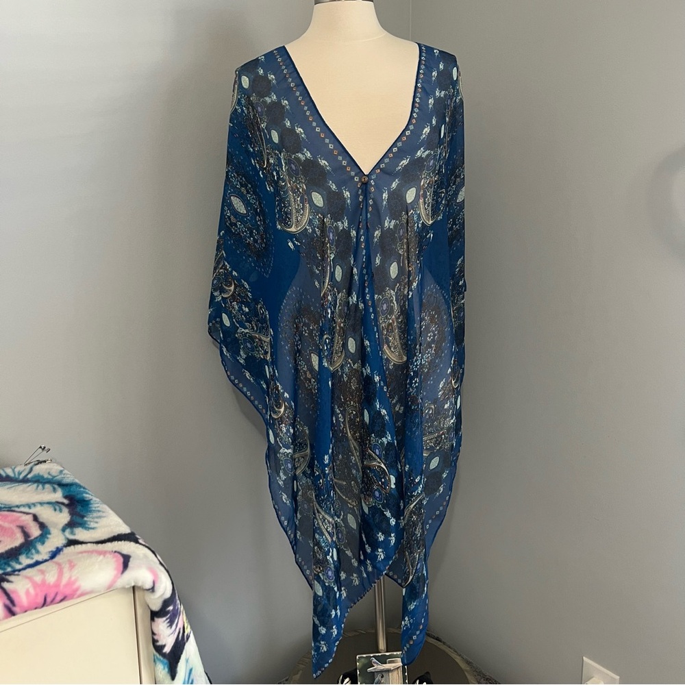 Women’s Sheer Multicolor Blue Paisley Kimono Sleeves Cape Cardigan OS Overlay